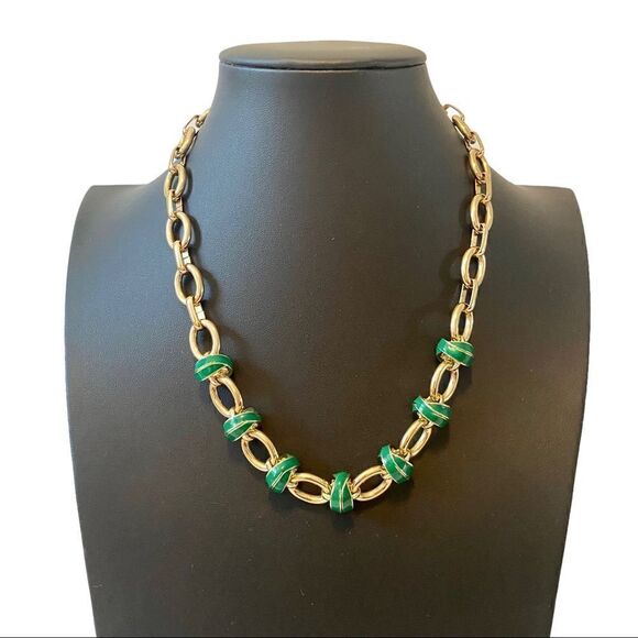 Lighthouse Designs Vintage Green & Gold Toned Chunky Statement Necklace - Picture 1 of 5